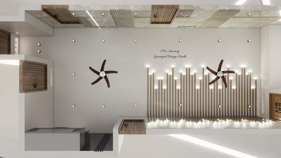 a sophisticated lobby ceiling top view, featuring an elegant false ceiling design for lobby with two fans. the top view perspective highlights the symmetrical layout and modern aesthetic of the lobby fan design, creating a perfect blend of functionality and visual appeal for contemporary spaces.