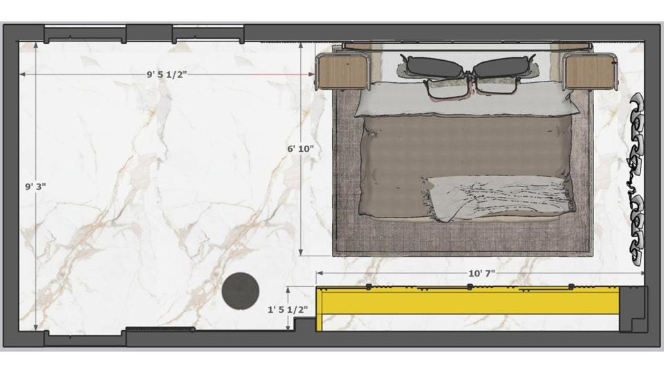 2D bedroom drawing showing top view layout with furniture placement and measurement dimensions for a master bedroom.