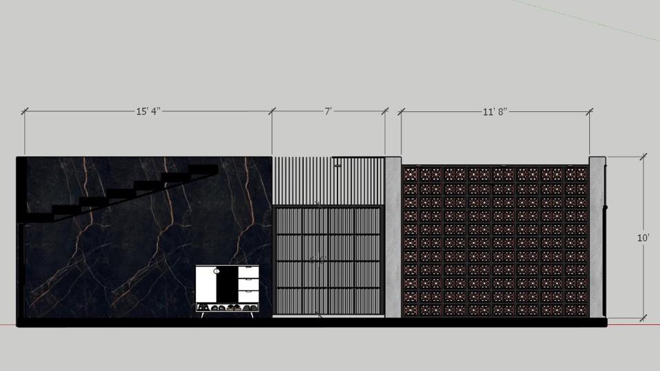Porch area out side view decorative wall design and shoes unit 2d dimensions