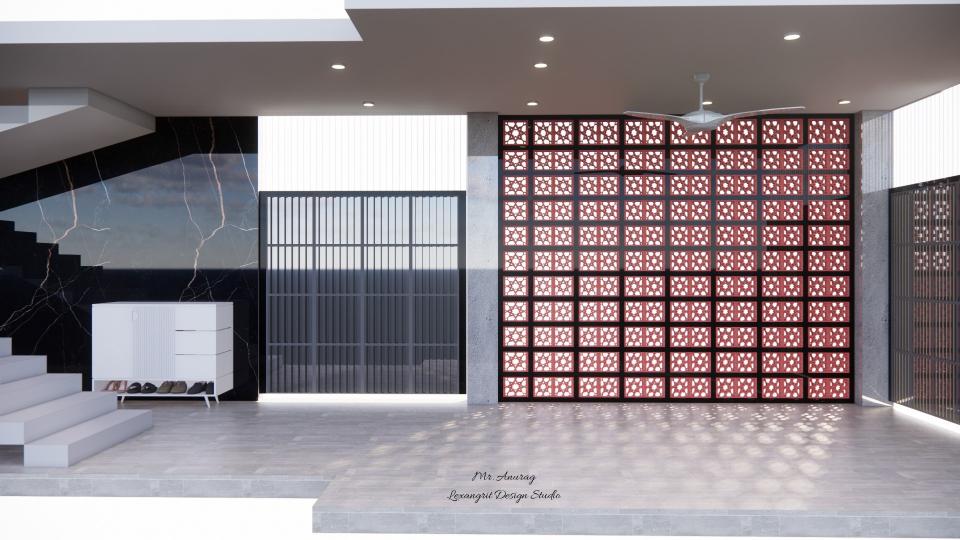 Porch area out side view decorative wall design and shoes unit