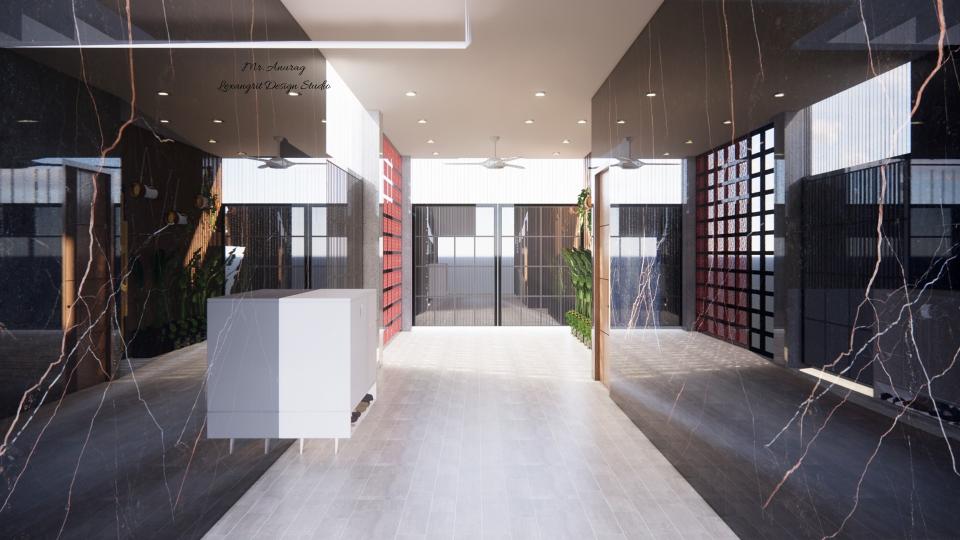 Black tile wall porch and passage design with a white shoe storage unit, showing a modern entry transition area between porch and indoor passage.