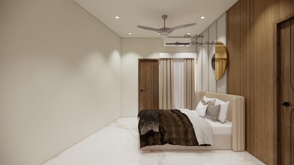 Another view image of the master bedroom2 featuring a luxurious bed with a tufted headboard against an accent wall