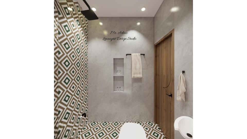 Attached bathroom shower area and some storage ,towel rails