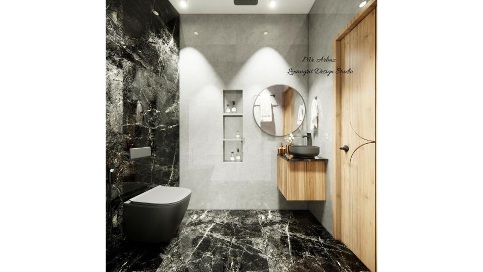 Bathroom wall design with tiled shower niche and wall-hung handwash vanity with round mirror in a modern washroom