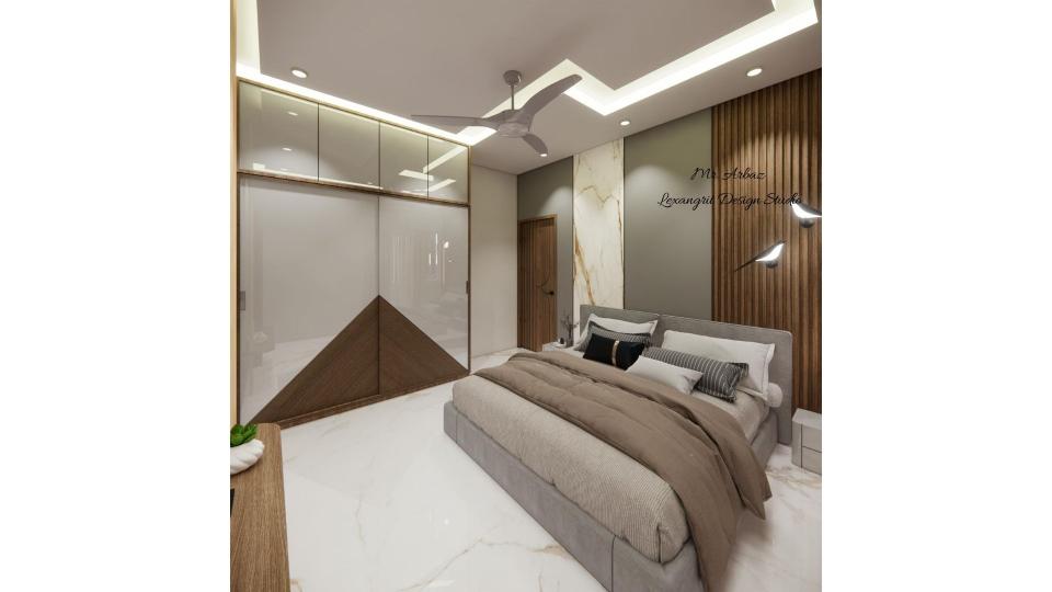 Budget bedroom design with charcoal wooden louvers UV marble bed back wall, box bed and glossy laminated sliding wardrobe with lofts in a grey theme by Lexangrit Design Studio