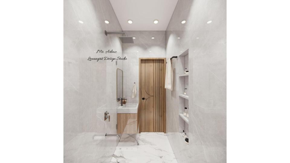 Spacious bathroom with frameless glass partition shower area, modern fixtures and floor-to-ceiling tiled walls
