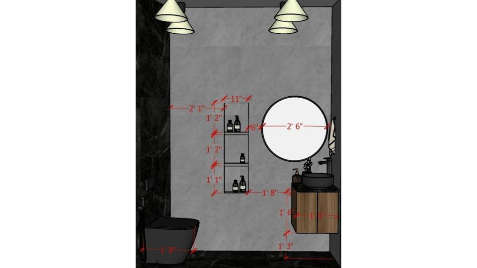 Image of the bathroom featuring a sleek vanity unit with a mirror and wall-mounted lighting against a tiled wall 2d view
