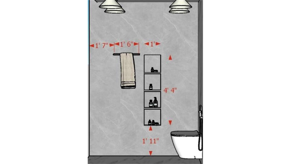Image of the bathroom showcasing a spacious shower area with a glass partition and modern fixtures against a tiled wall 2d view