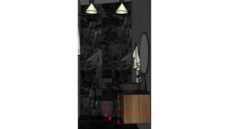 Image of the bathroom showcasing a spacious shower area with a some storage  and modern fixtures against a tiled wall 2d view