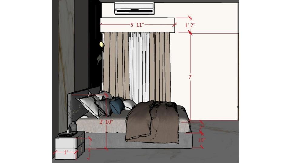 Image of the bedroom featuring a luxurious bed with a tufted headboard, bedside tables against an accent wall 2d dimensions