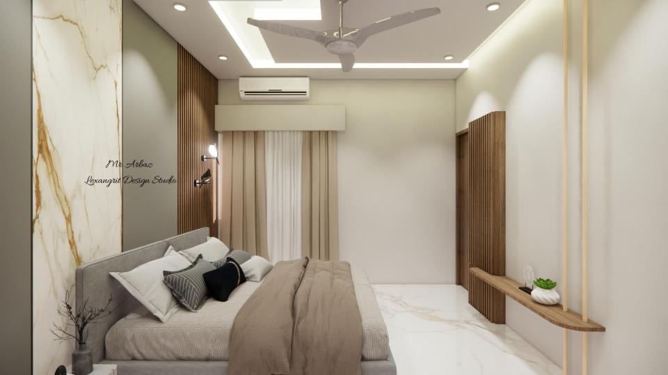 Image of the bedroom featuring a luxurious bed with a tufted headboard, bedside tables against an accent wall