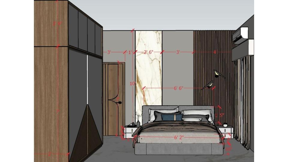 Image of the bedroom highlighting a spacious wardrobe with sliding door 2d dimensions