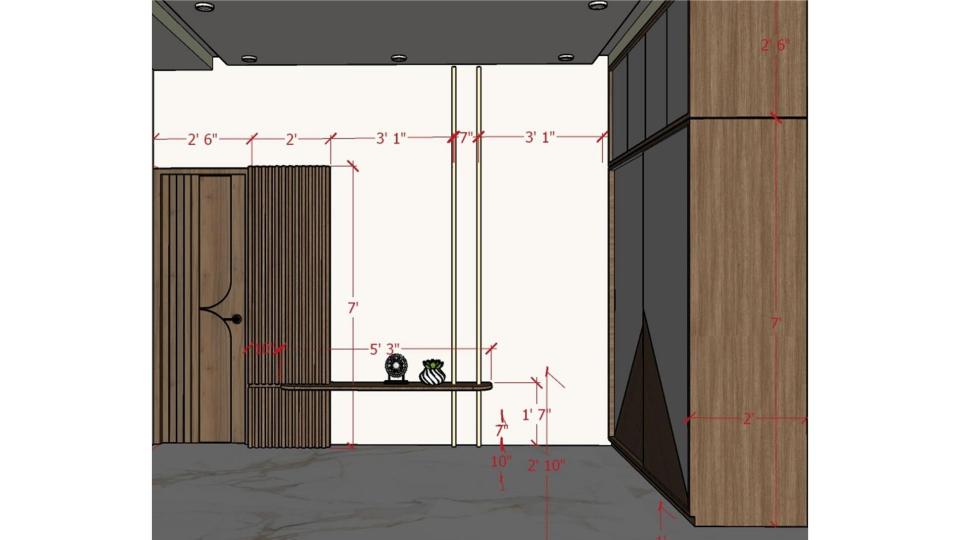 Image of the  bedroom highlighting a spacious wardrobe with sliding door and decorative wall 2d dimensions