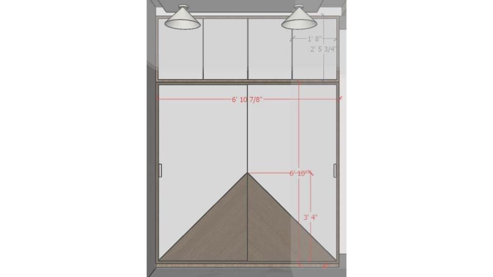 Image of the bedroom showcasing a comfortable bed with a sliding wardrobe & stylish lamp against a neutral-toned wall 2d dimensions