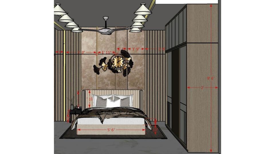 Image of the guest bedroom3 featuring a cozy bed with a wooden headboard, bedside tables and spacious sliding wardrobee 2d dimensions