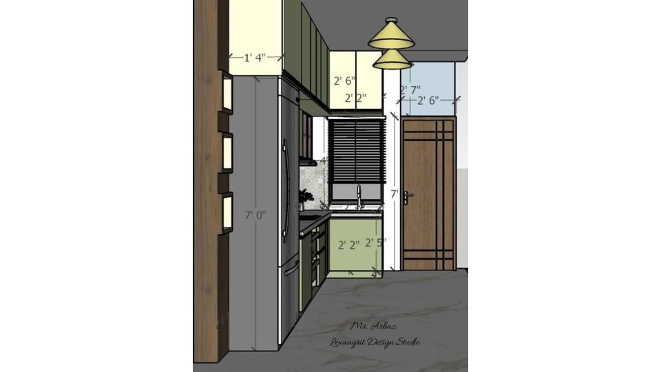 Image of the kitchen featuring modern cabinets, a sleek countertop,appliances against a tiled backsplash wall 2d dimensions