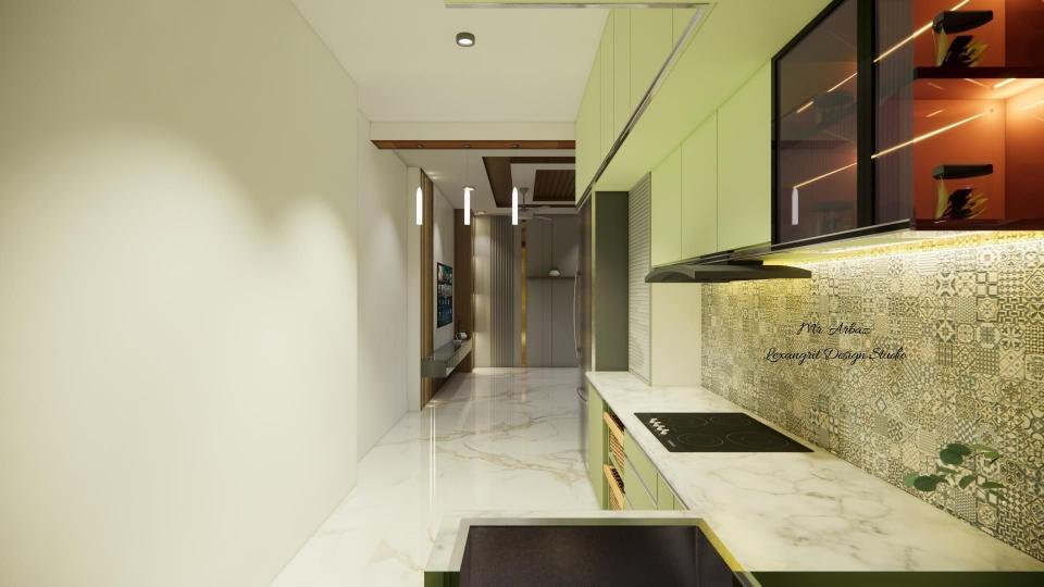 Image of the kitchen featuring modern cabinets, a sleek countertop,appliances against a tiled backsplash wall