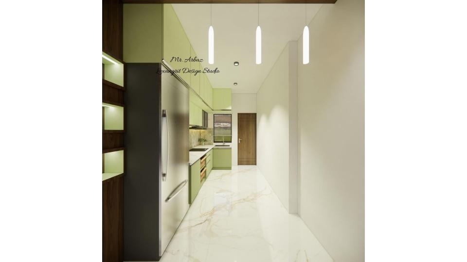 Image of the kitchen featuring modern cabinets, a sleek countertop,appliances against a tiled backsplash wall