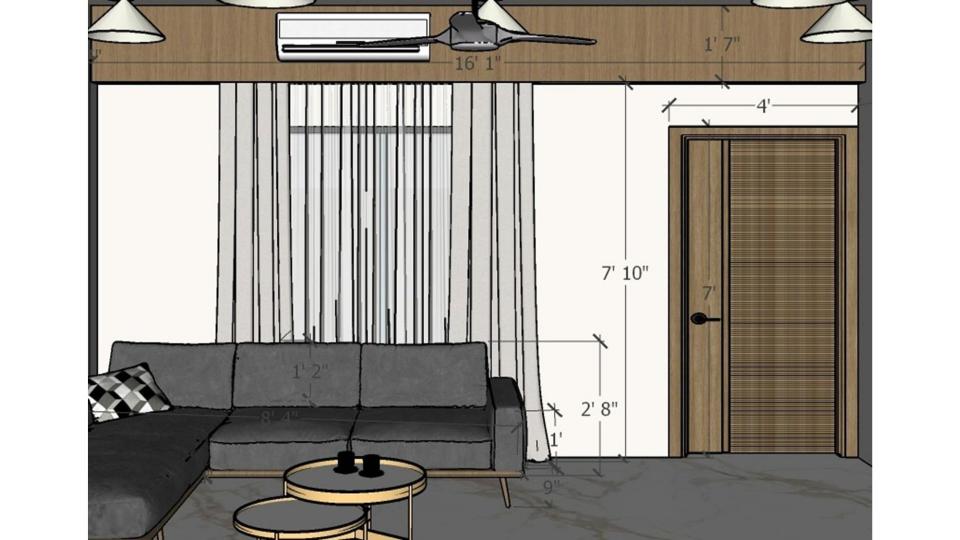 Image of the living room showcasing a comfortable seating area with a large sofa, coffee table and neutral-toned wall 2d dimensions