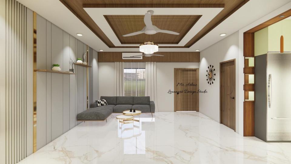 Image of the living room showcasing a comfortable seating area with a large sofa, coffee table and neutral-toned wall