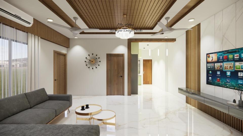 Image of the living room showcasing a comfortable seating area with a large sofa, coffee table and neutral-toned wall