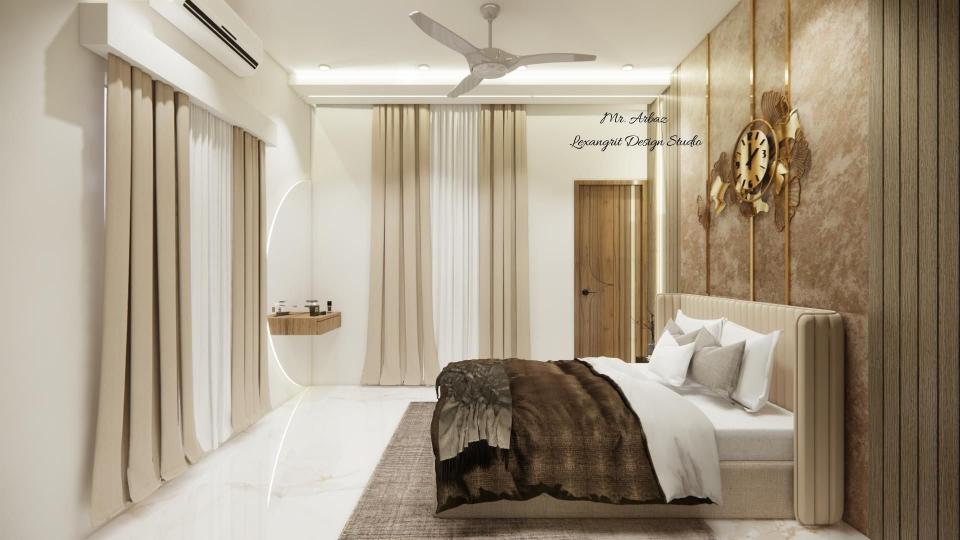 Image of the master bedroom showcasing a stylish dresser with a large mirror and decorative items against a soft-colored wall