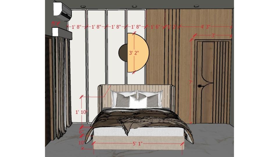 image of the master bedroom2 featuring a luxurious bed with a tufted headboard against an accent wall 2d dimensions