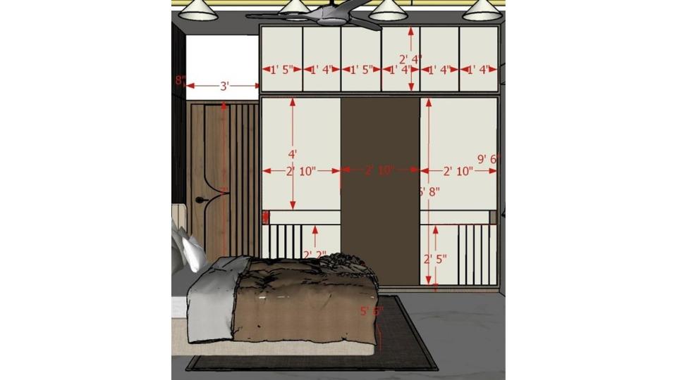 Image of the master bedroom3 highlighting a spacious wardrobe with sliding doors and a half-moon shape mirror 2d view