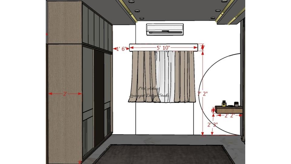 Image of the master bedroom3 showcasing a stylish dresser with a half moon shape mirror and decorative items against a soft-colored wall 2d dimensions