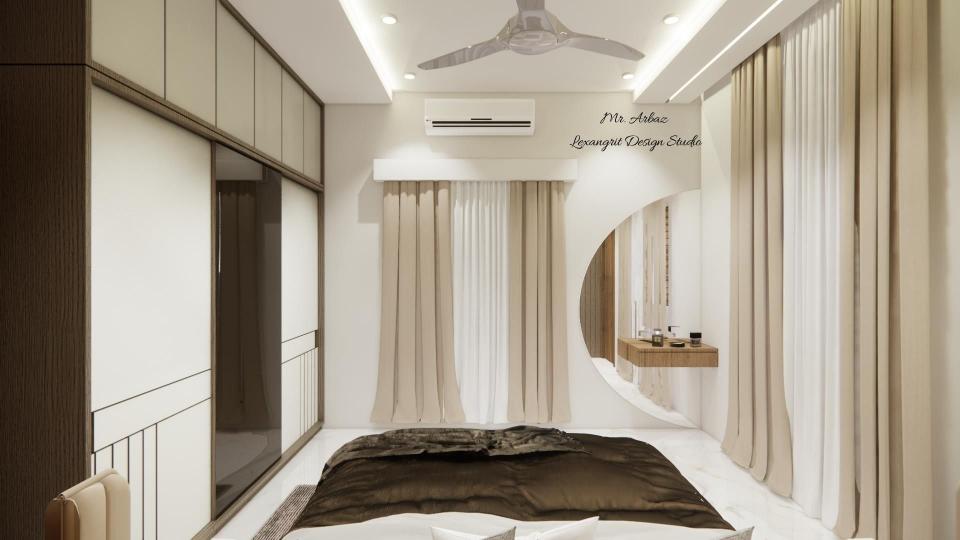 Image of the master bedroom3 showcasing a stylish dresser with a half moon shape mirror and decorative items against a soft-colored wall