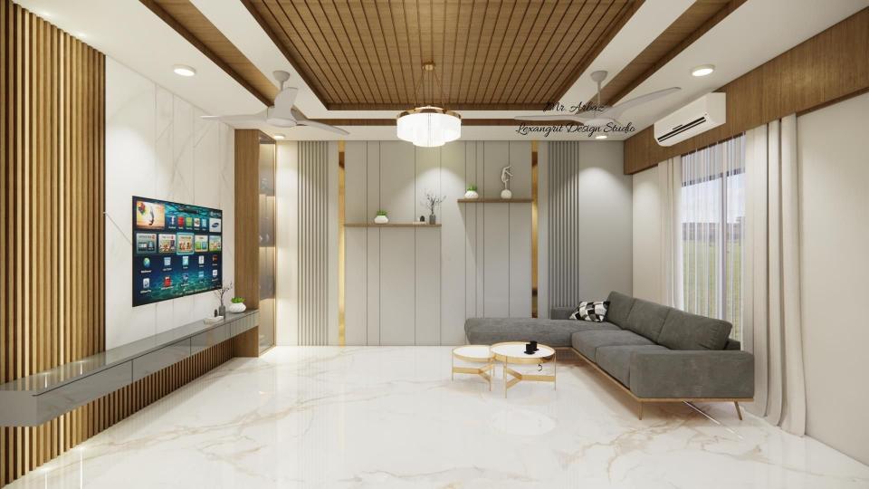 Living room accent wall in grey with groove cutting and golden metal T patti with 2 decorative shelves for a modern drawing room wall design by Lexangrit Design Studio