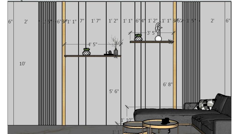 2D front elevation working drawing of living room accent wall with grey groove cutting, golden metal T patti strips and 2 decorative shelves showing exact dimensions by Lexangrit Design Studio
