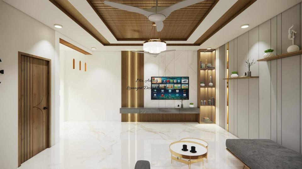 Living room full wall TV unit with floating vanity drawers, frameless glass shutter showcase with profile lights, WPC wooden louvers and UV marble sheet with provision for 65 inch TV by Lexangrit Design Studio