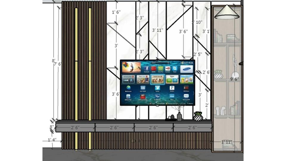 2D front elevation working drawing of living room full wall TV unit with floating vanity drawers, frameless glass showcase with profile lights, WPC louvers and UV marble sheet showing exact dimensions for 65 inch TV by Lexangrit Design Studio