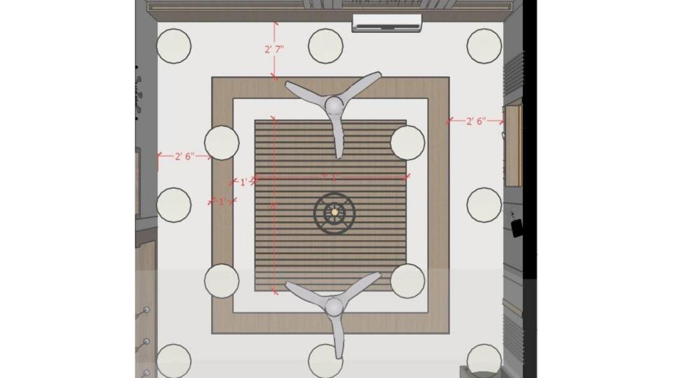 2D elevation working drawing of living room wooden false ceiling with two fans showing exact dimensions and ceiling layout by Lexangrit Design Studio