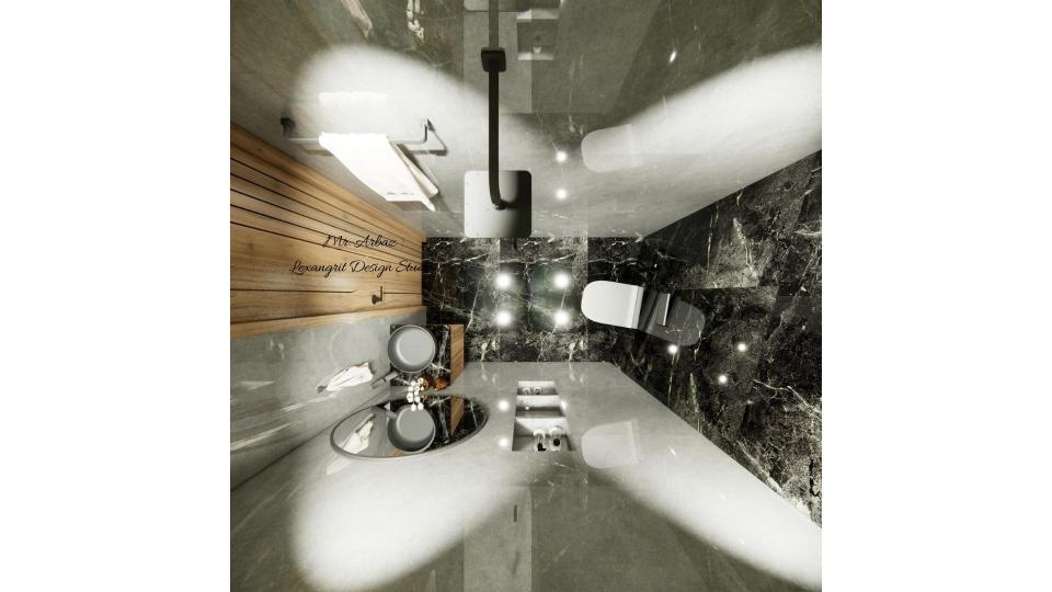 Luxury bathroom layout plan showing vanity handwash unit with mirror, shower area and WC placement in a top view drawing