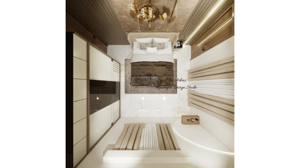 Luxury bedroom furniture layout plan showing bed, side tables, wardrobe and dressing table placement in a top view drawing