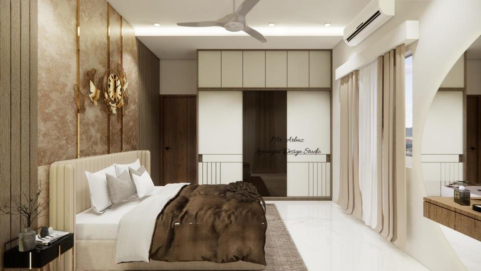 Luxury wardrobe with overhead loft in white and black laminate with groove cutting design for a modern bedroom