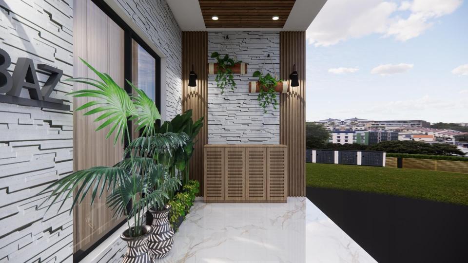 Porch area design with shoe unit, decorative stone cladding wall and wooden louvers in a modern home entryway