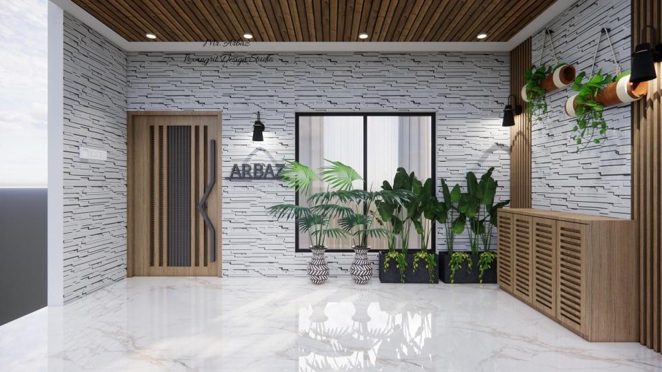 Porch wall design in India featuring textured exterior finish and architectural elements — a contemporary porch wall design in India with clean lines and modern visual appeal.