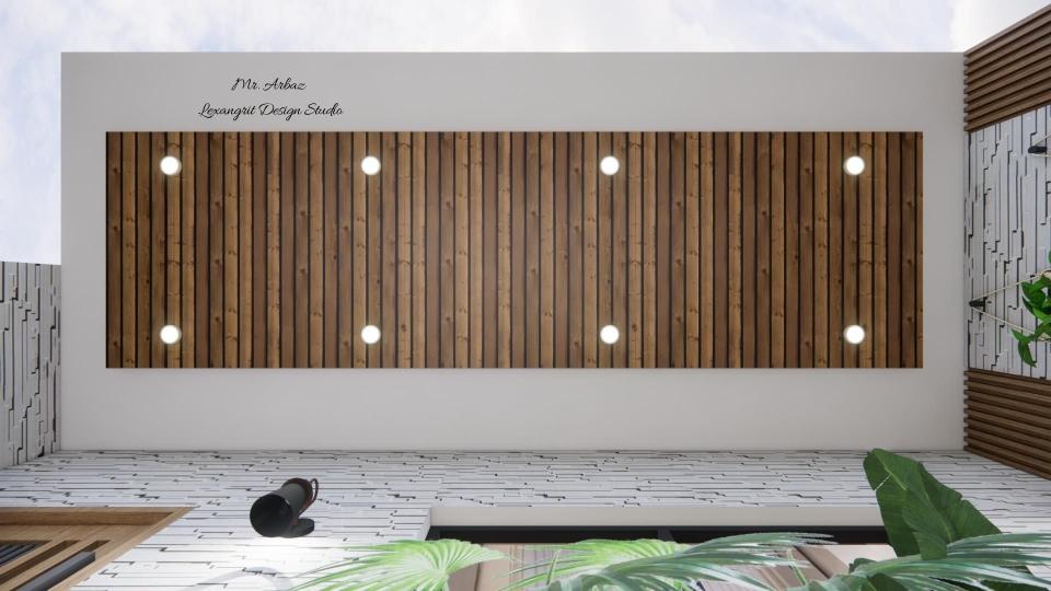 Porch wooden false ceiling design with warm natural wood panels for a modern outdoor covered space