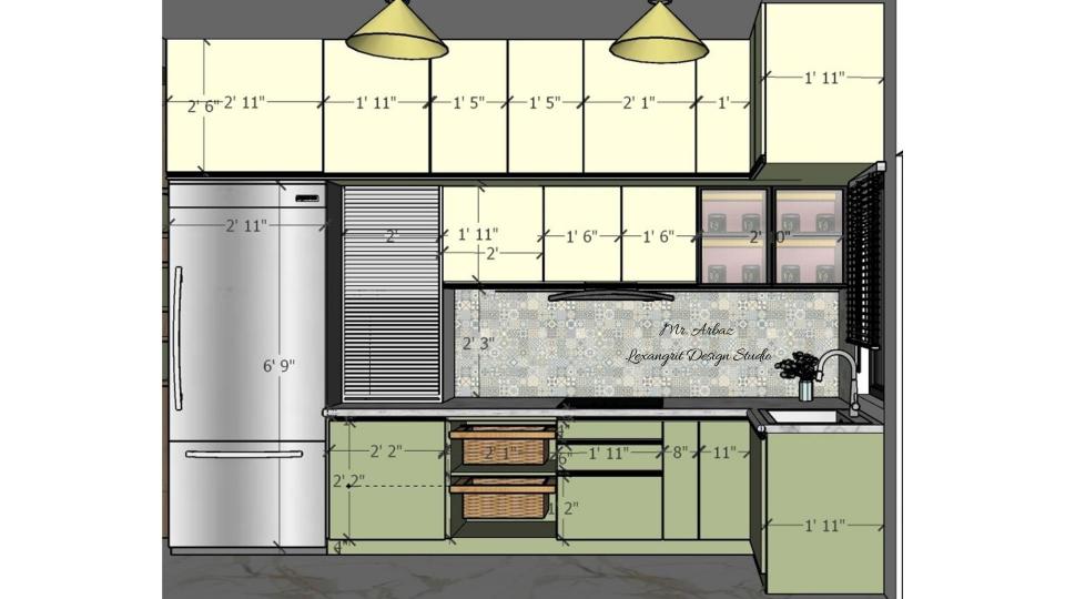2D full wall elevation drawing of sage olive green L shaped modular kitchen showing all units including tambour, wicker basket, 3 drawer, bottle pull out, corner, sink and GTPT unit with exact dimensions by Lexangrit Design Studio