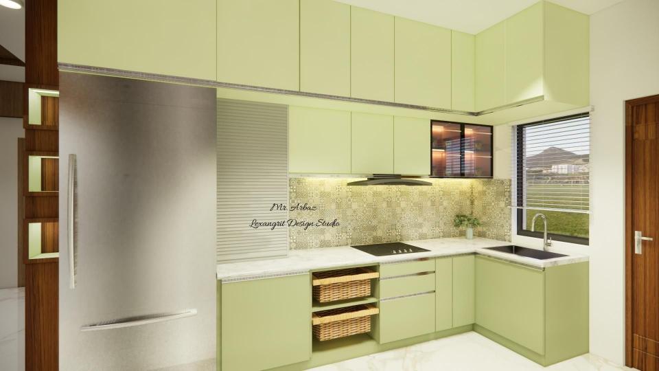 Sage olive green L shaped modular kitchen with tambour unit, wicker basket, 3 drawer unit, bottle pull out, corner unit, sink unit, GTPT unit and lofts by Lexangrit Design Studio
