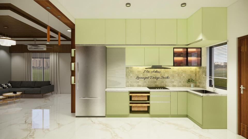 Sage olive green L shaped modular kitchen in UK 2026 with 3 drawer unit and gas stove, tambour unit, GTPT unit, bottom pullout unit, sink unit and lofts by Lexangrit Design Studio