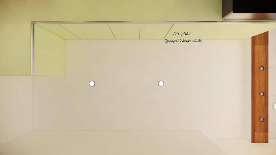 Sage olive green modular kitchen plain gypsum false ceiling design to maintain ceiling height hide wiring and chimney exposed pipe on a budget by Lexangrit Design Studio