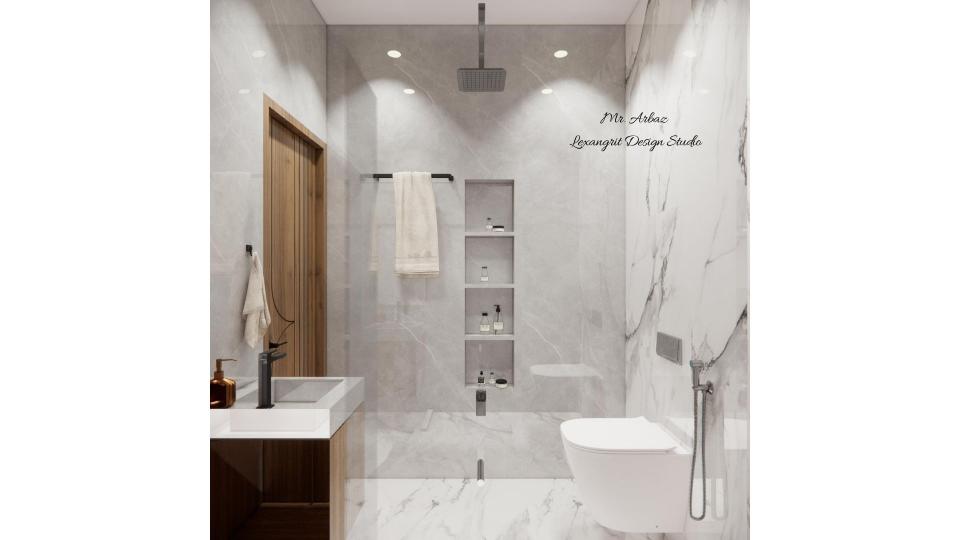 Practical shower niche idea in a modern bathroom with tiled recess shelf for storing toiletries