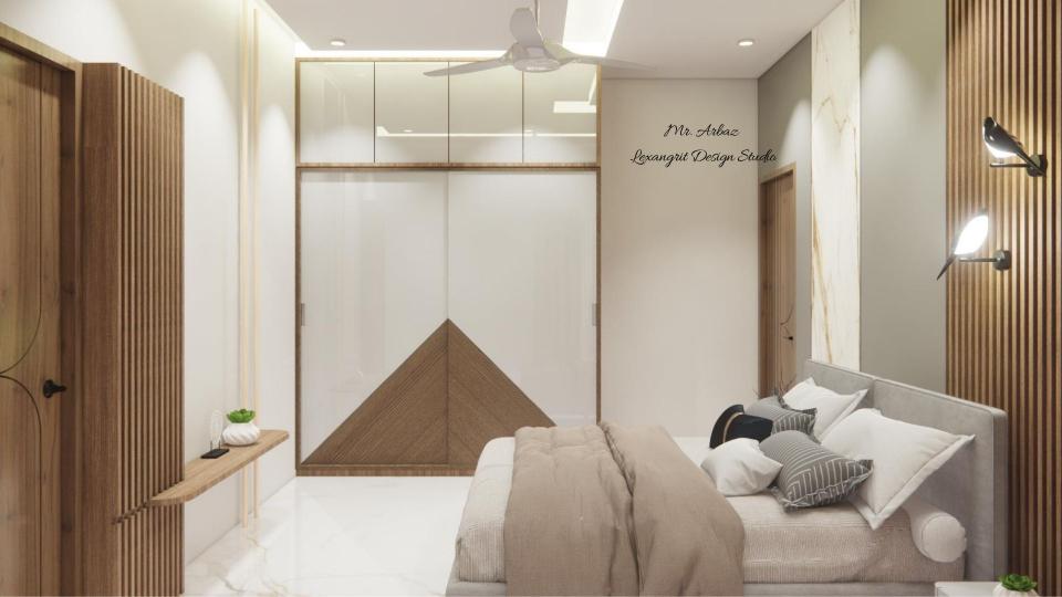 Master bedroom with sliding wardrobe with loft in glossy white and wooden laminate finish
