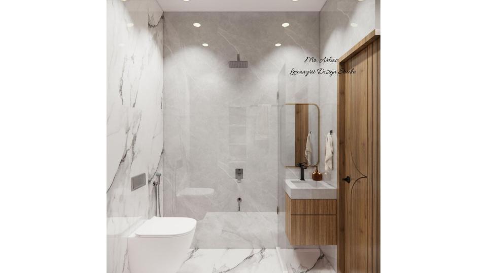 Small bathroom design with shower area, handwash basin and wall-hung WC arranged in a compact attached bathroom layout