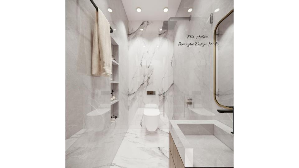 Small bathroom idea with glass partition shower area and wall-hung WC for a spacious modern look