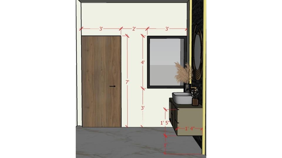 Small passage and showing vanity unit with decorative mirror  2d dimensions